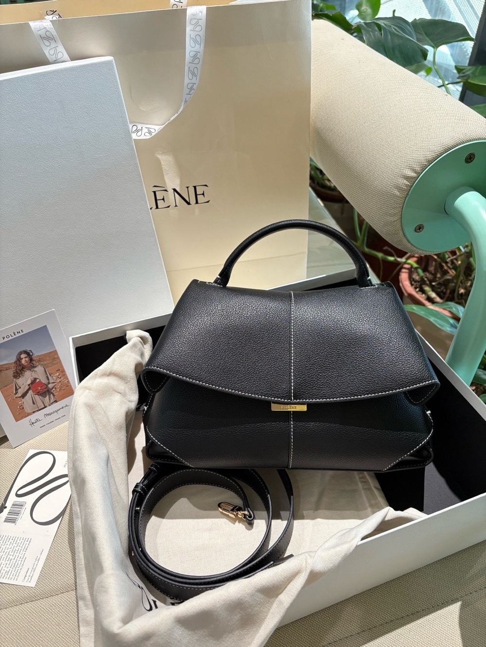 Polène Black Leather Satchel with Top Handle